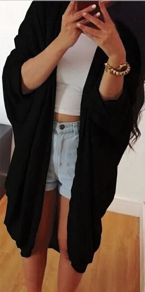 Batwing Solid Pleated Long Cardigan Coat