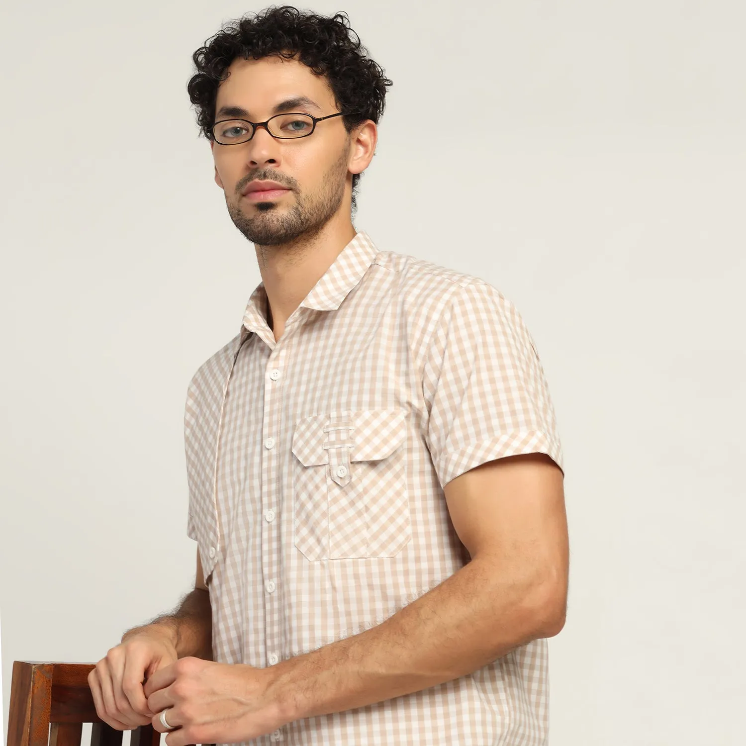 Beige Check Patch Shirt