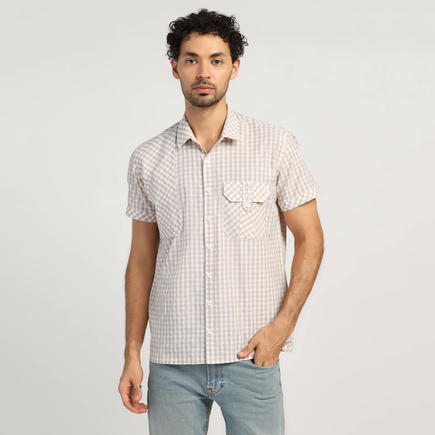 Beige Check Patch Shirt