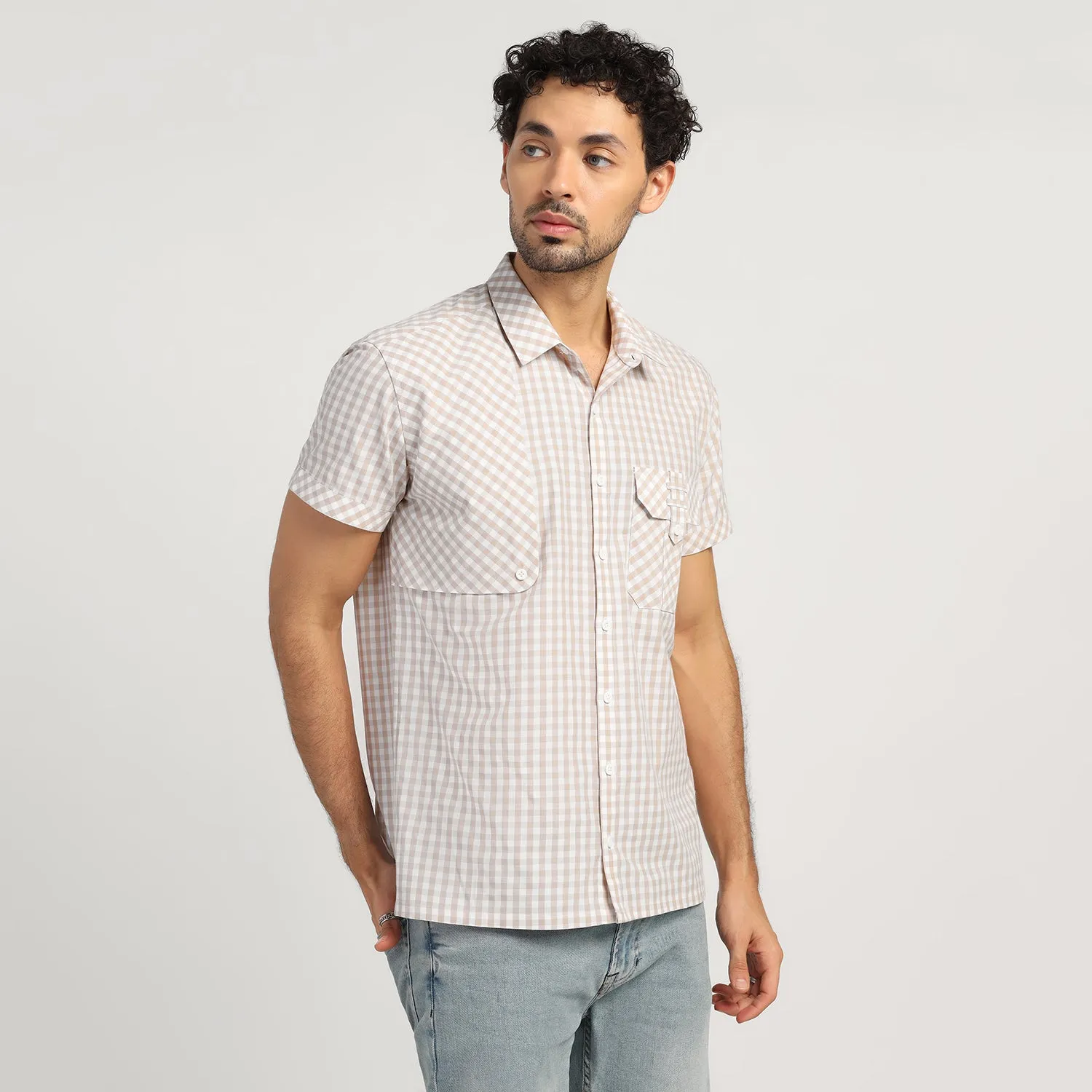 Beige Check Patch Shirt