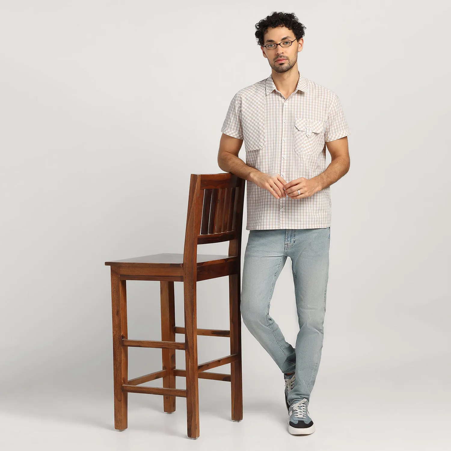 Beige Check Patch Shirt