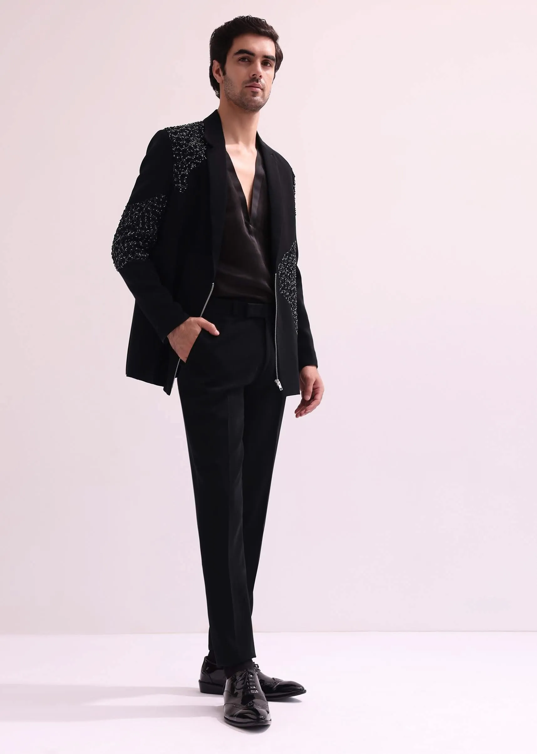 Black Hand Embellished Lapel Tuxedo With Shirt And Pants