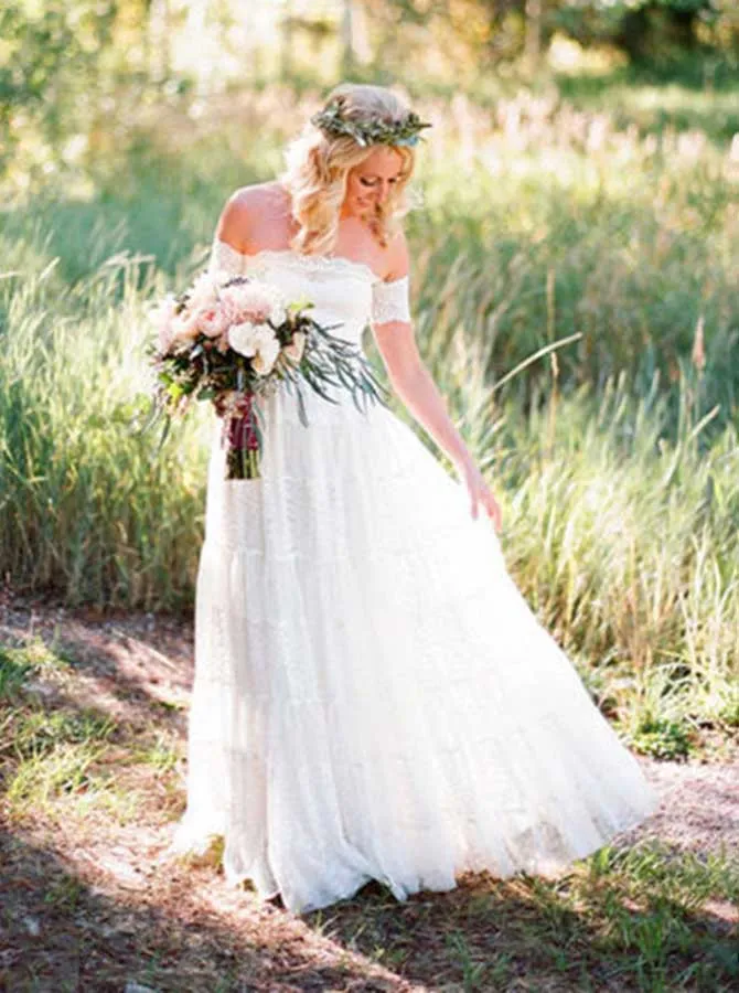 Boho Lace Wedding Dresses,Off the Shoulder Bridal Dress,WD00321