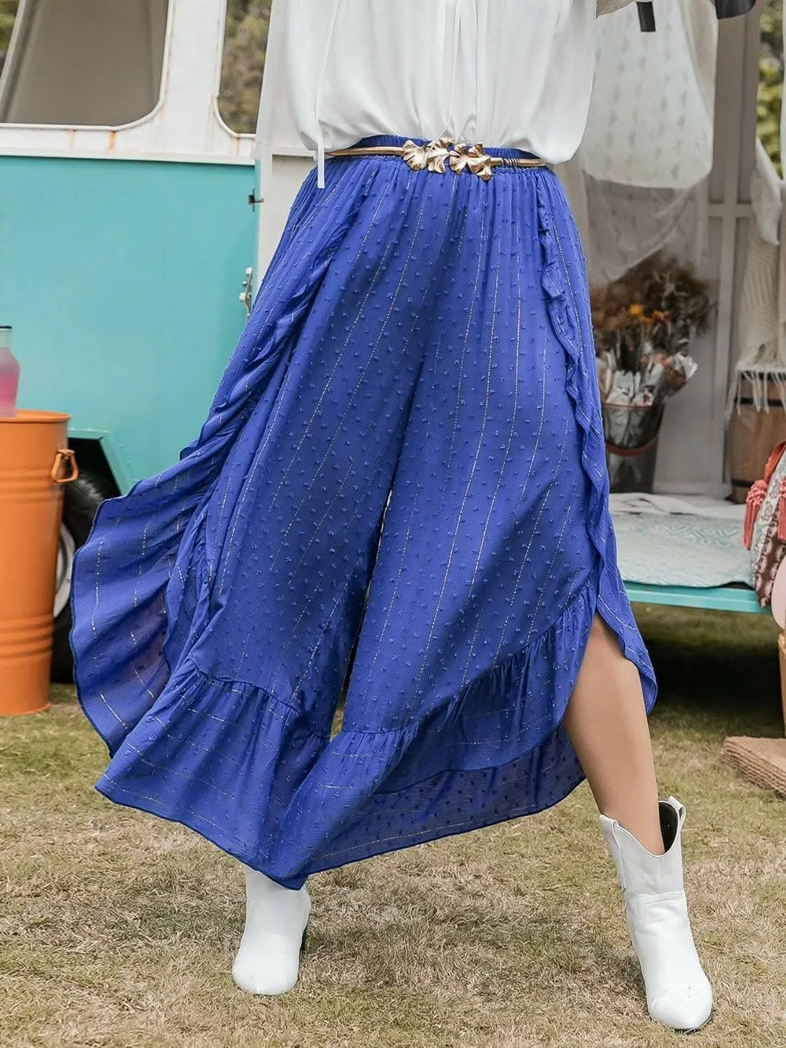 Elegant Swiss dot ruffle pants