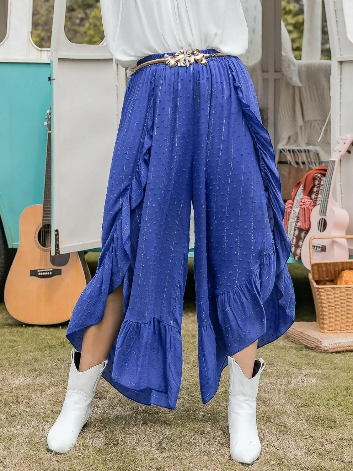 Elegant Swiss dot ruffle pants