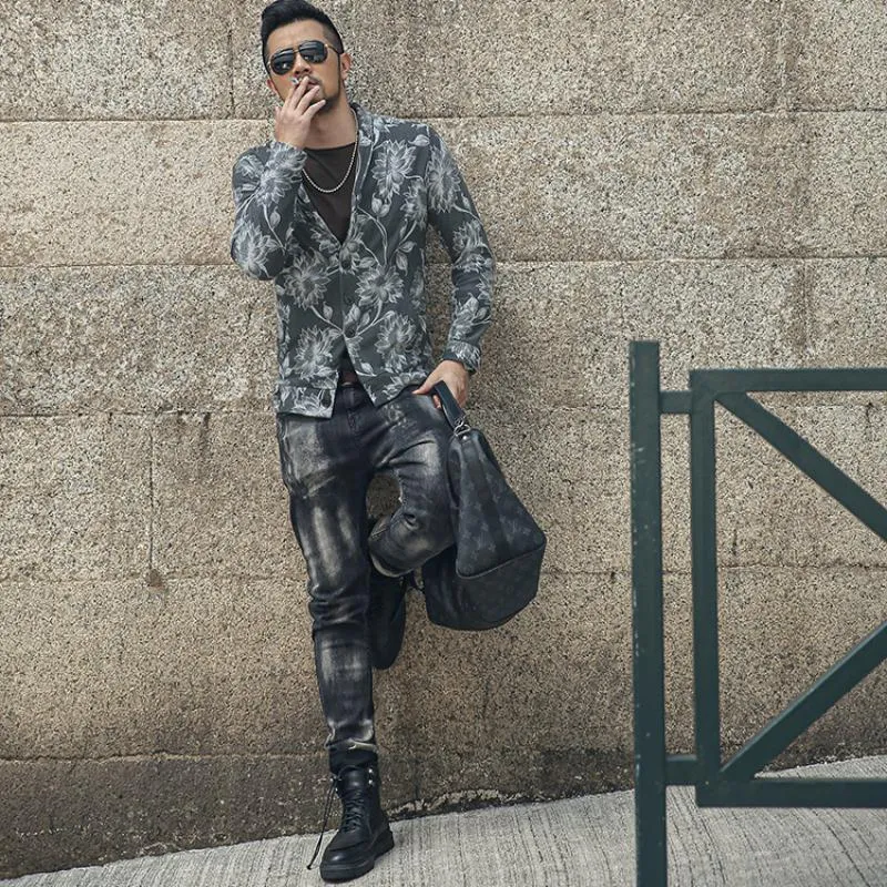 Men's Autumn Thin Blazer With Floral Print