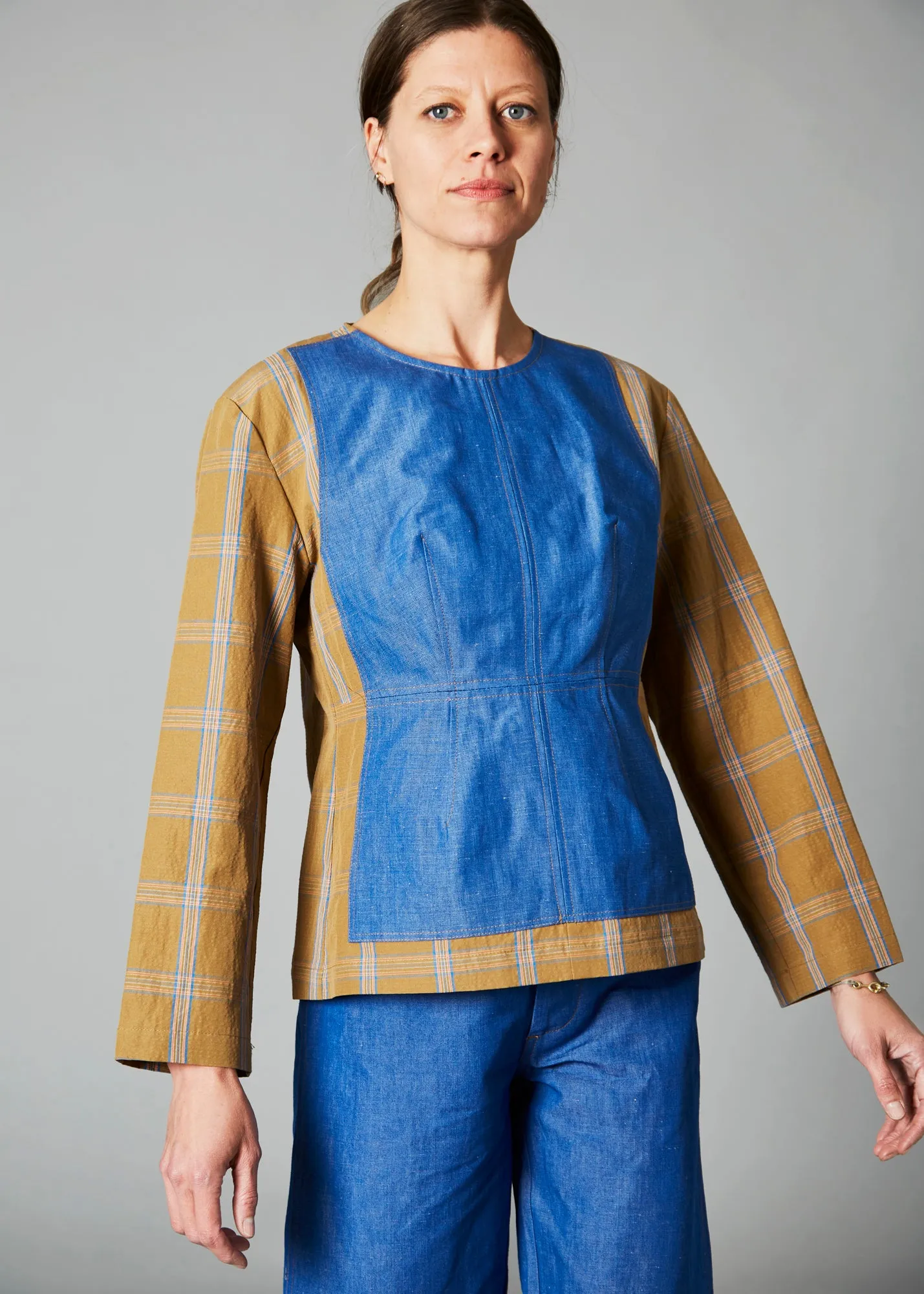 Monica Top, Mustard Window Pane & Denim