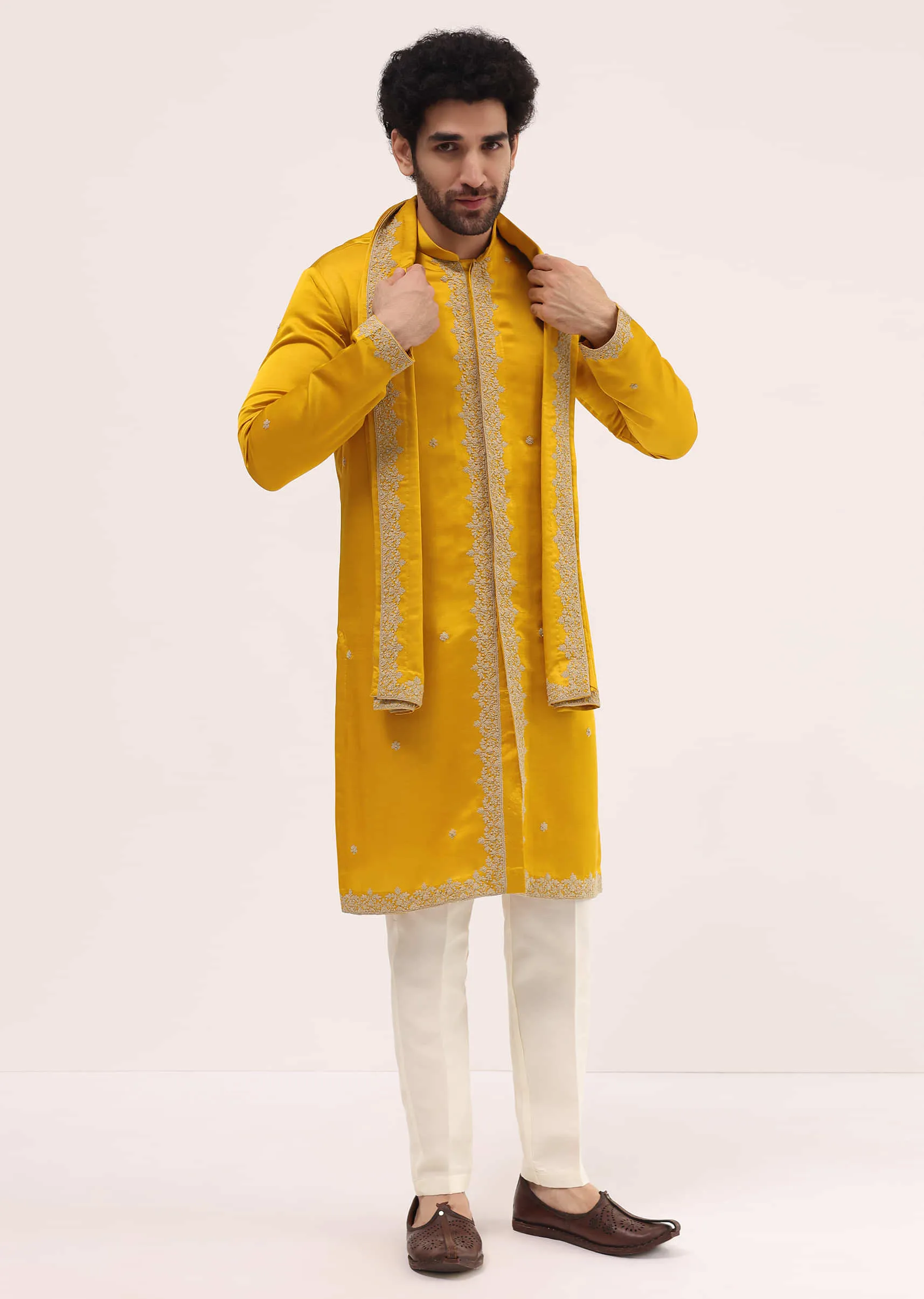 Mustard Yellow Kurta Set In Resham Work With Dupatta For Men