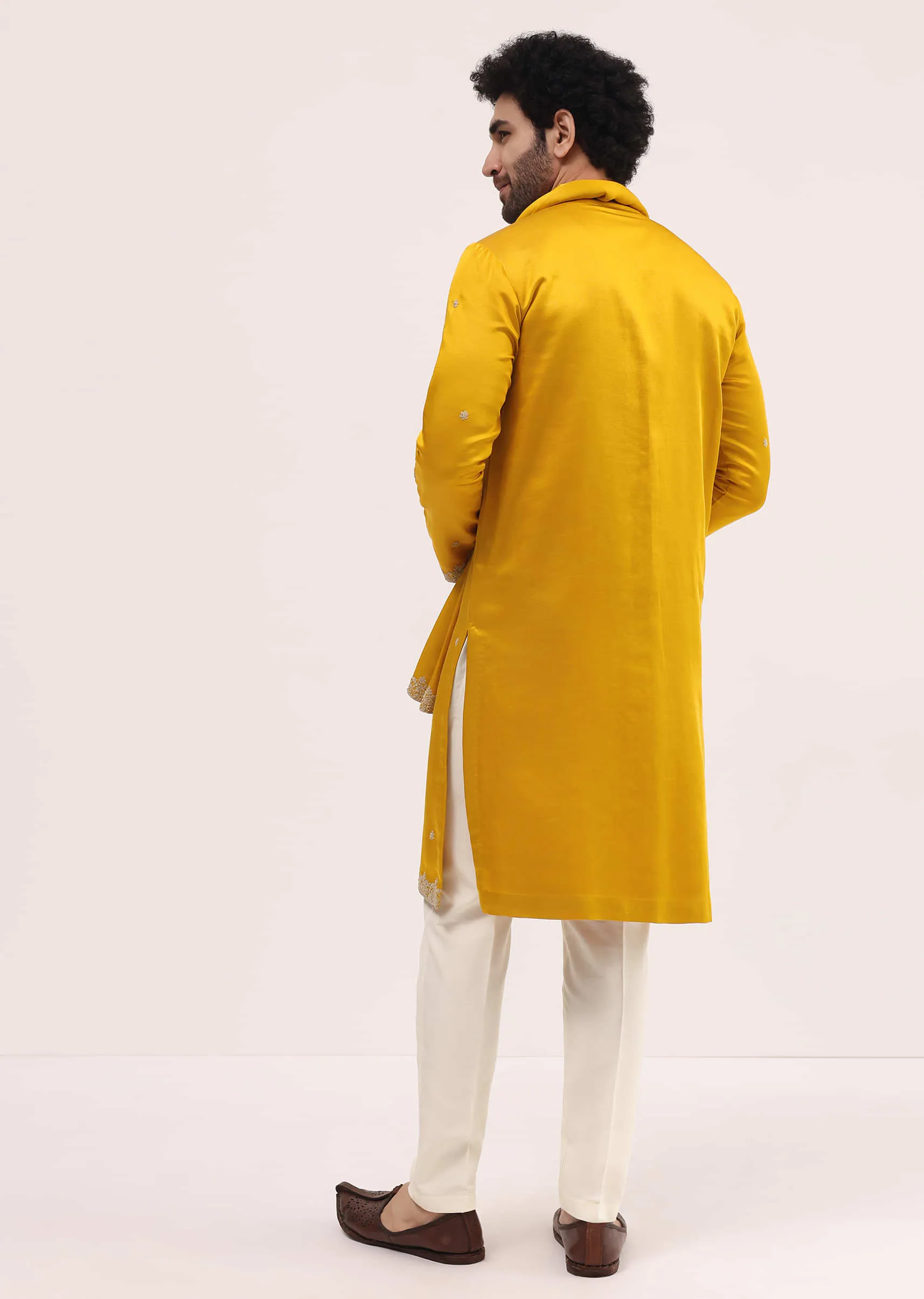 Mustard Yellow Kurta Set In Resham Work With Dupatta For Men
