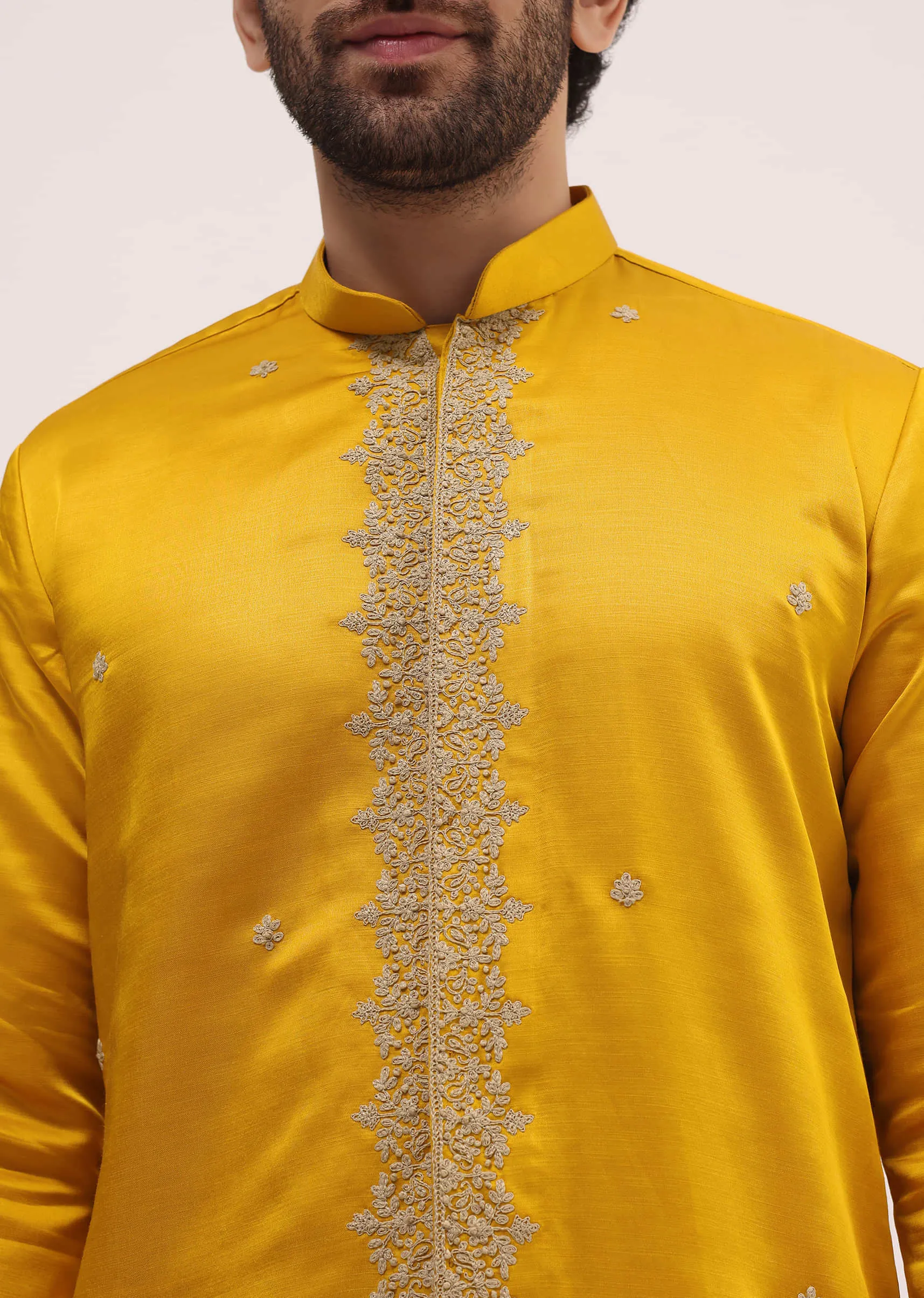 Mustard Yellow Kurta Set In Resham Work With Dupatta For Men