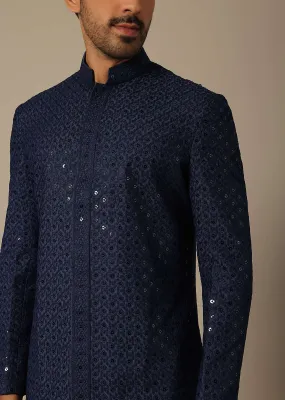 Navy Blue Cotton Kurta Set With Lucknowi Detail