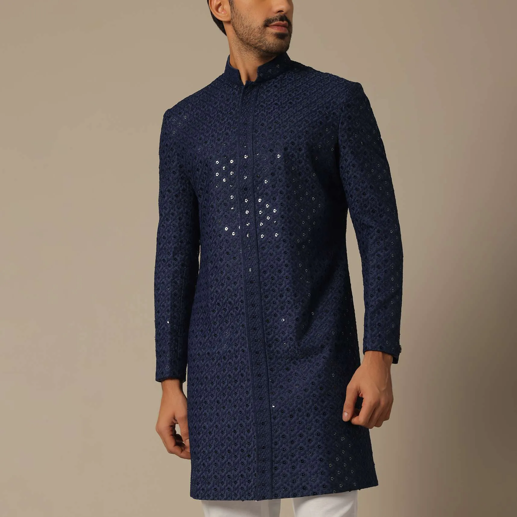 Navy Blue Cotton Kurta Set With Lucknowi Detail