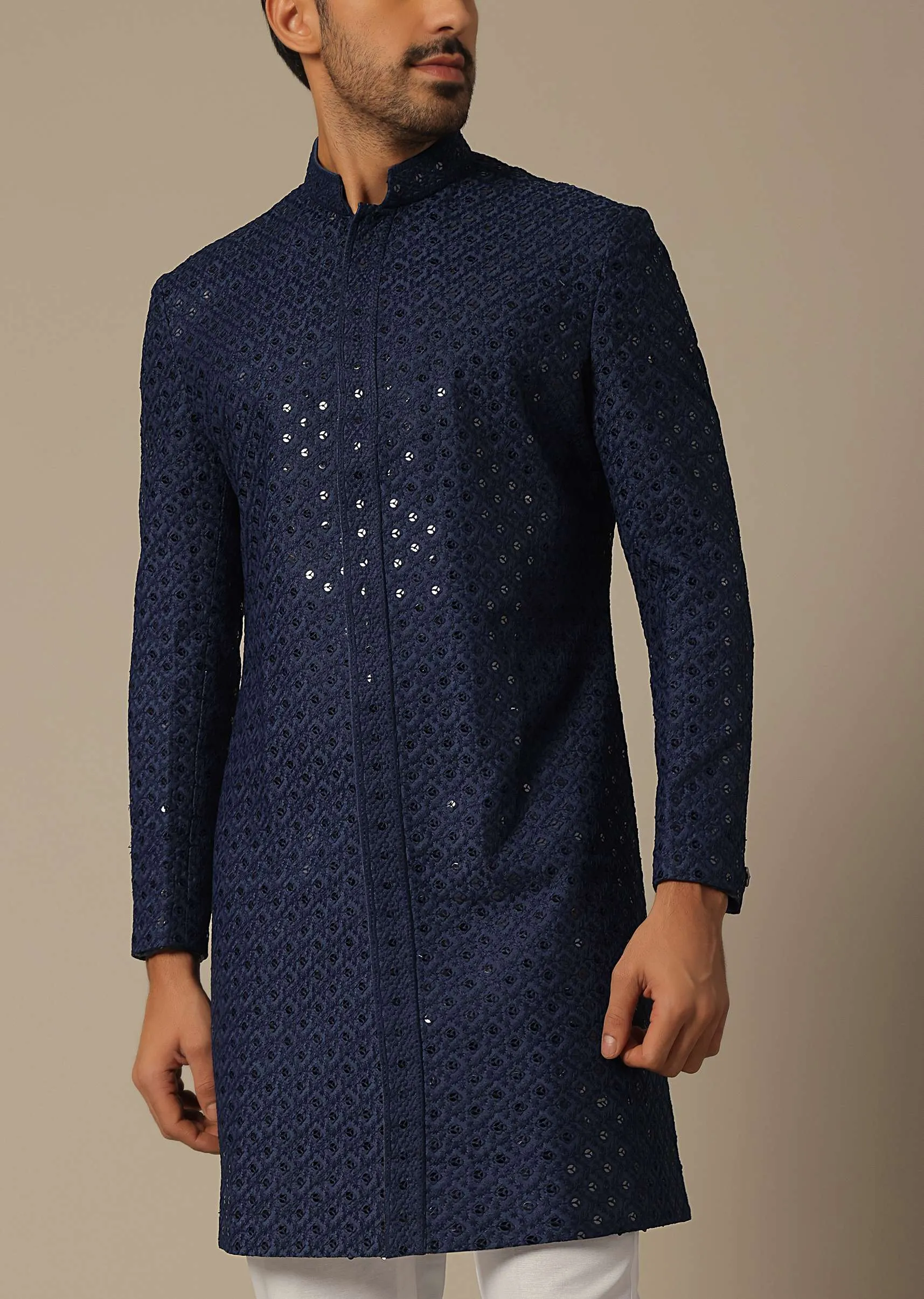 Navy Blue Cotton Kurta Set With Lucknowi Detail