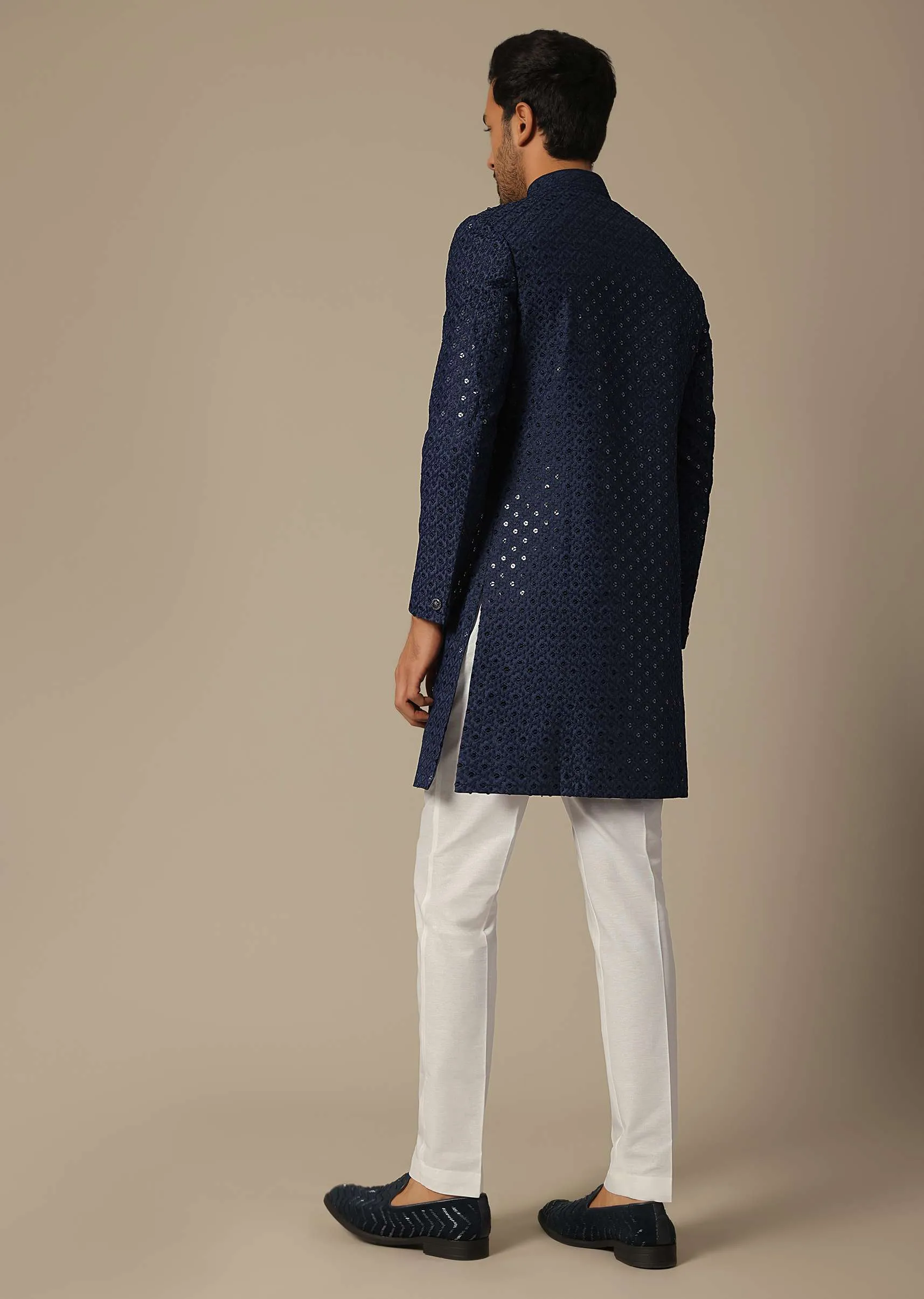 Navy Blue Cotton Kurta Set With Lucknowi Detail