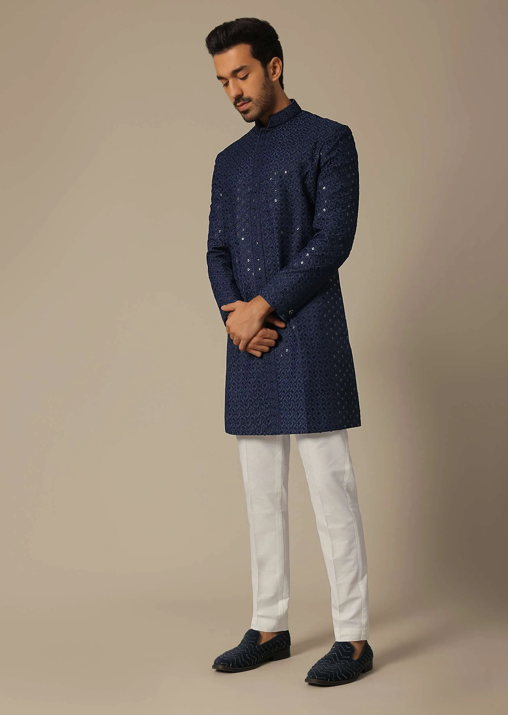 Navy Blue Cotton Kurta Set With Lucknowi Detail