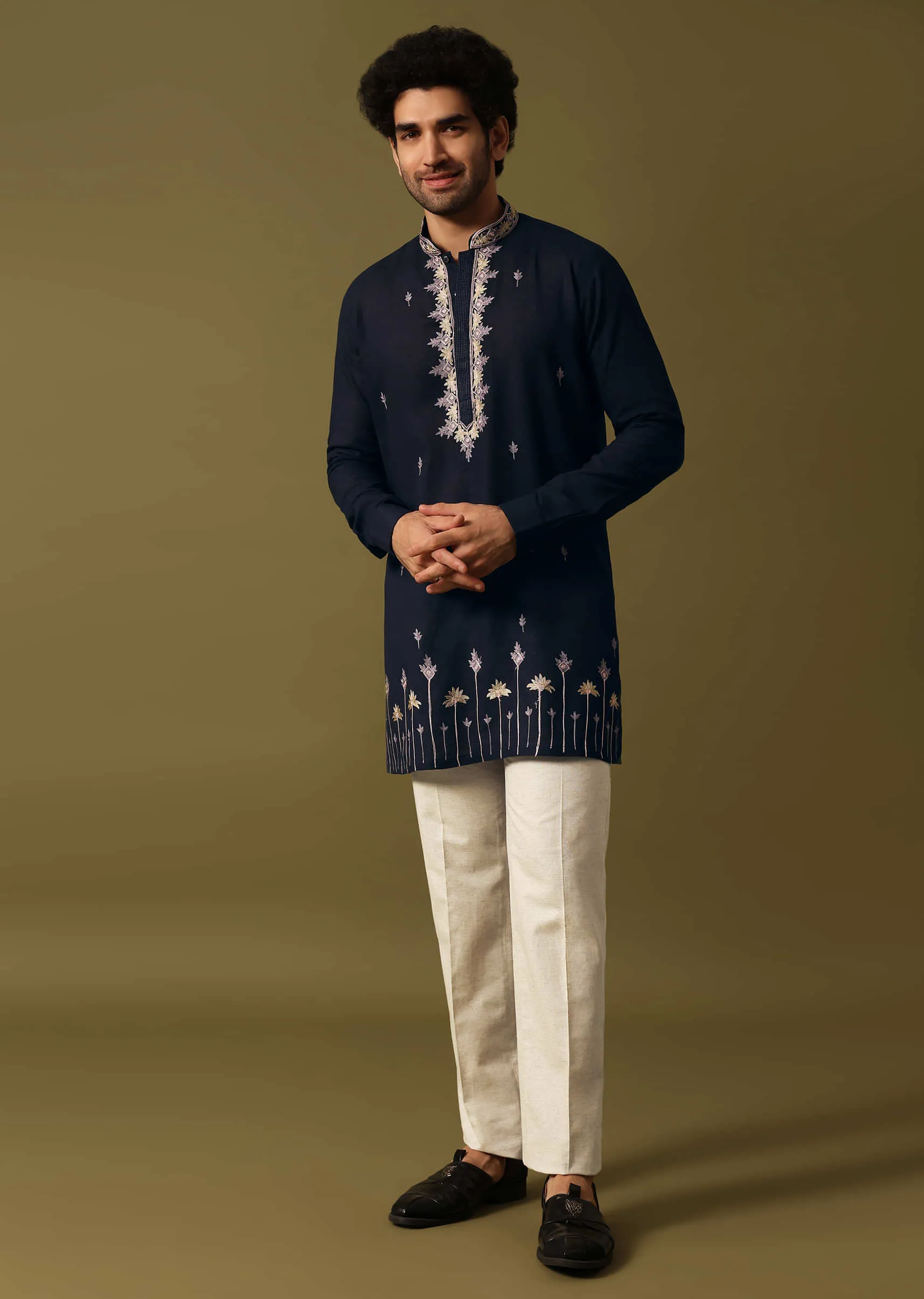 Navy Blue Cotton Kurta Set With Resham Work For Men