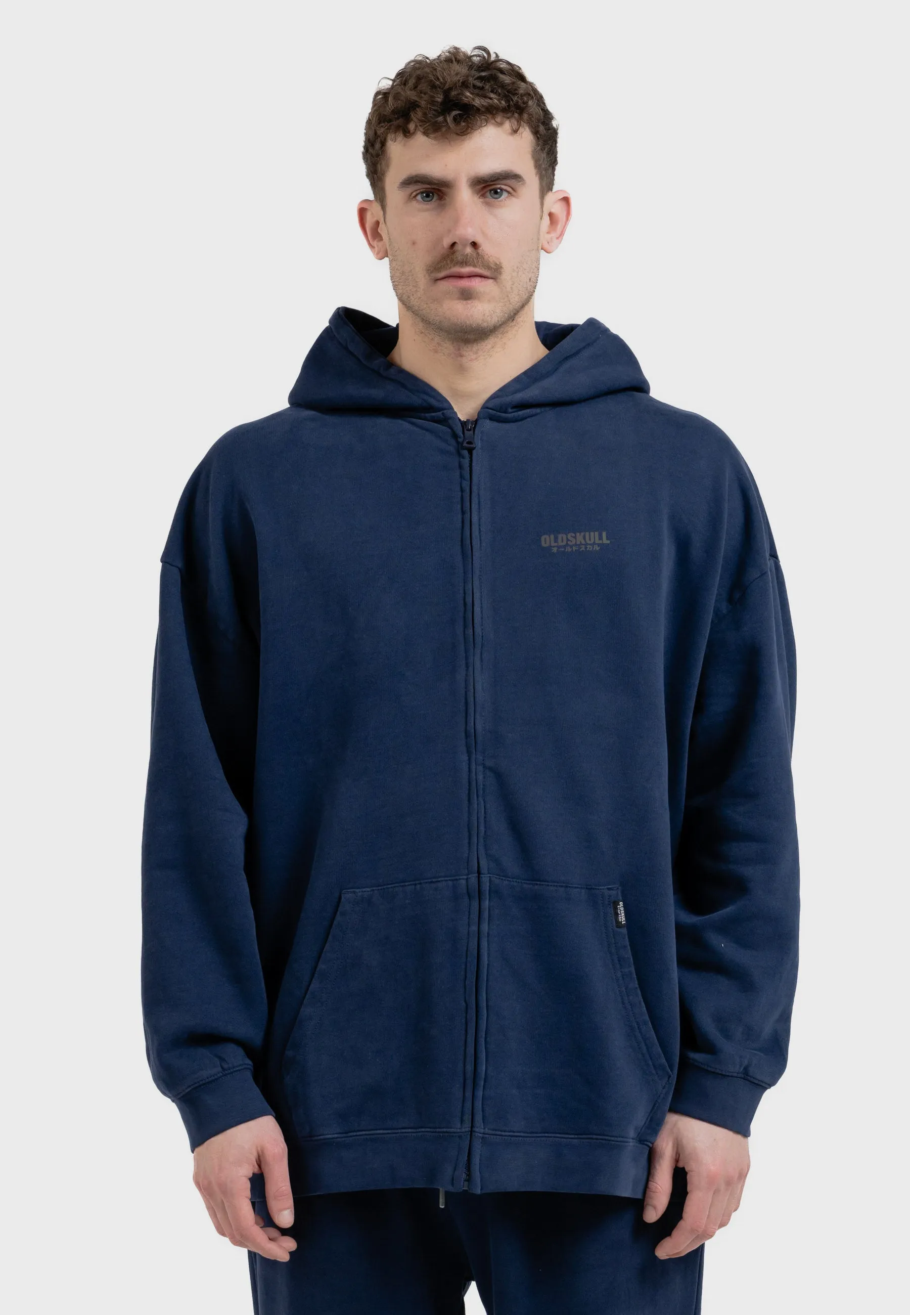 Oversized spectral-reflective Logo Garment Dyed Zipper Navy Blue