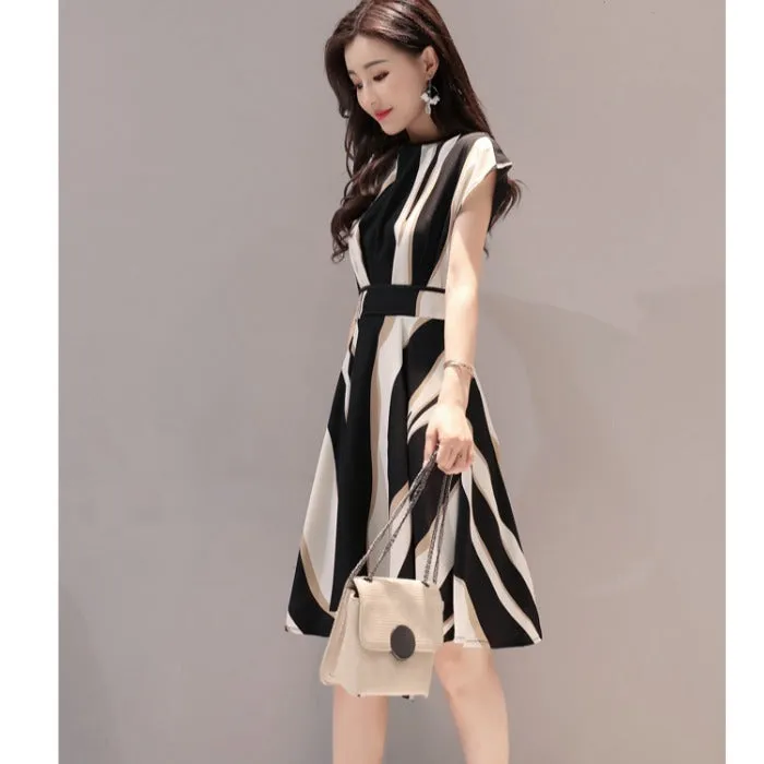 Short Sleeve Striped Summer Women Slimming Elegant Flare A-Line Dress