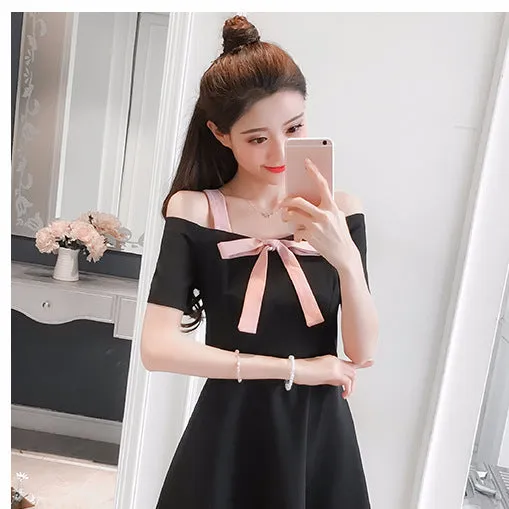 Slimming Slim-Look A-Line Spaghetti Strap Bare Shoulder Korean Tube Bow Elegant Dress