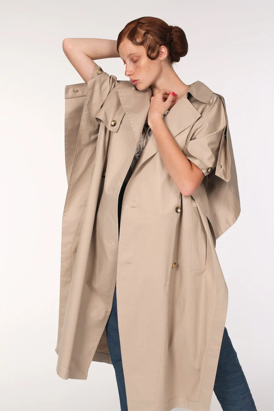 Waterproof Cotton Gabardine Trench Cape  Beige / Oversized Silhouette / Minimalist Outerwear