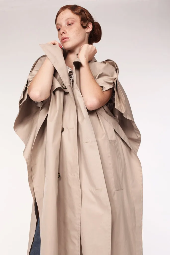 Waterproof Cotton Gabardine Trench Cape  Beige / Oversized Silhouette / Minimalist Outerwear