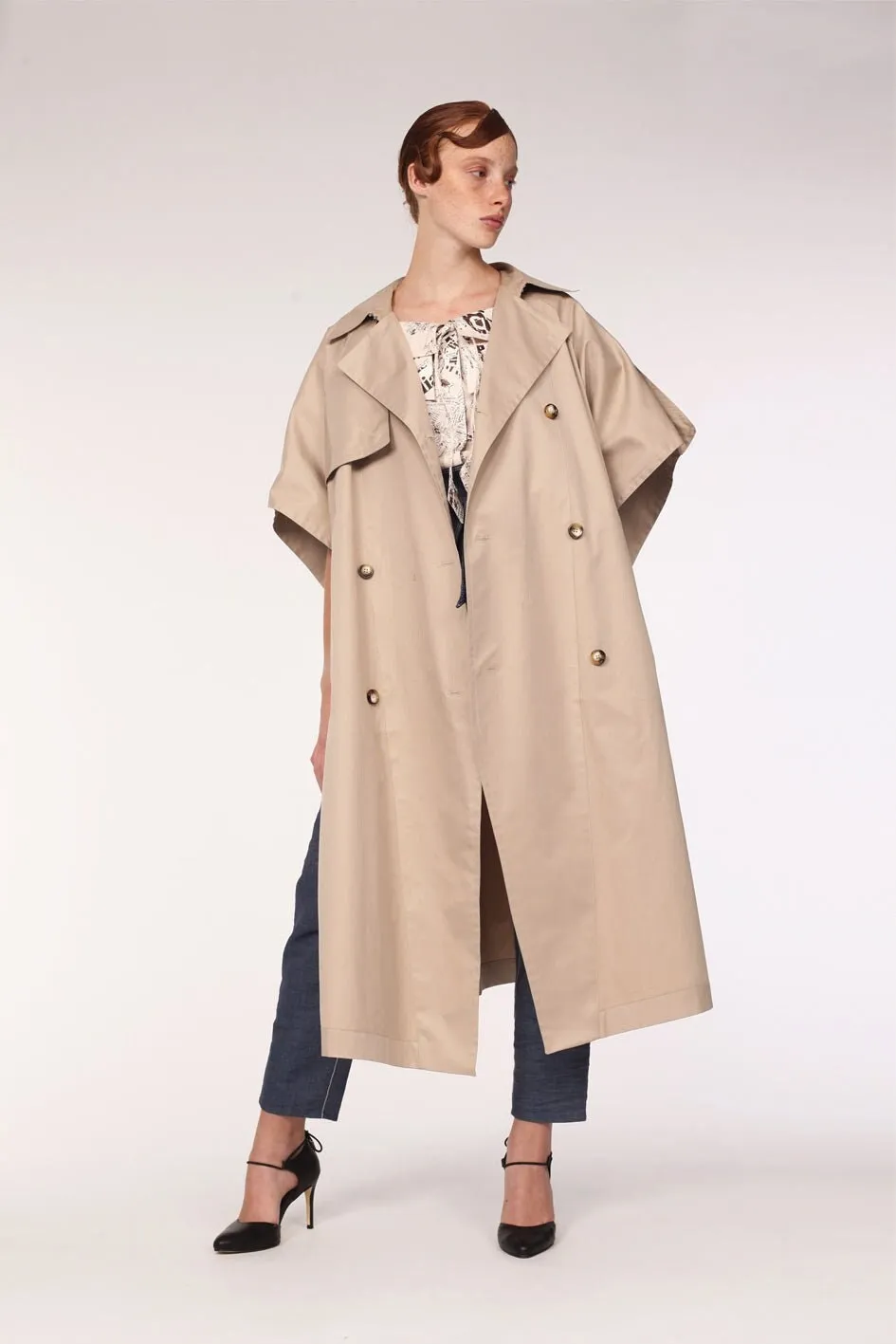 Waterproof Cotton Gabardine Trench Cape  Beige / Oversized Silhouette / Minimalist Outerwear