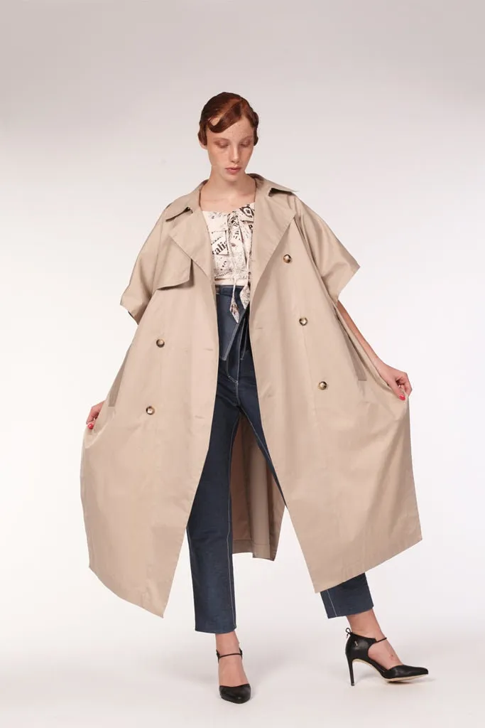Waterproof Cotton Gabardine Trench Cape  Beige / Oversized Silhouette / Minimalist Outerwear