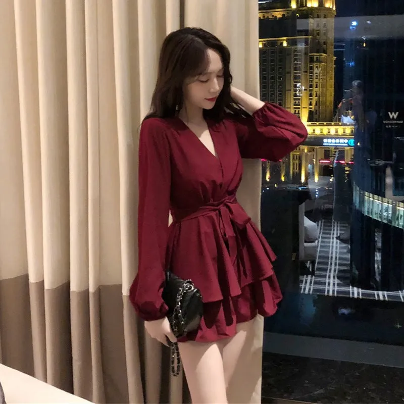 Women Loose High Waist Cross V-Neck Long Sleeved Strap Solid Colored Slim-Look A-Line Dress