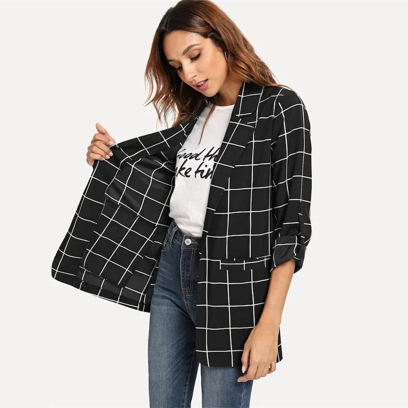 Women's Spring Casual Plaid Blazer With Pockets