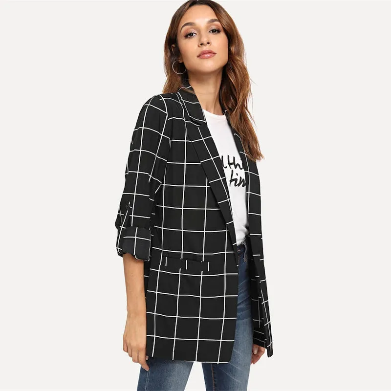 Women's Spring Casual Plaid Blazer With Pockets