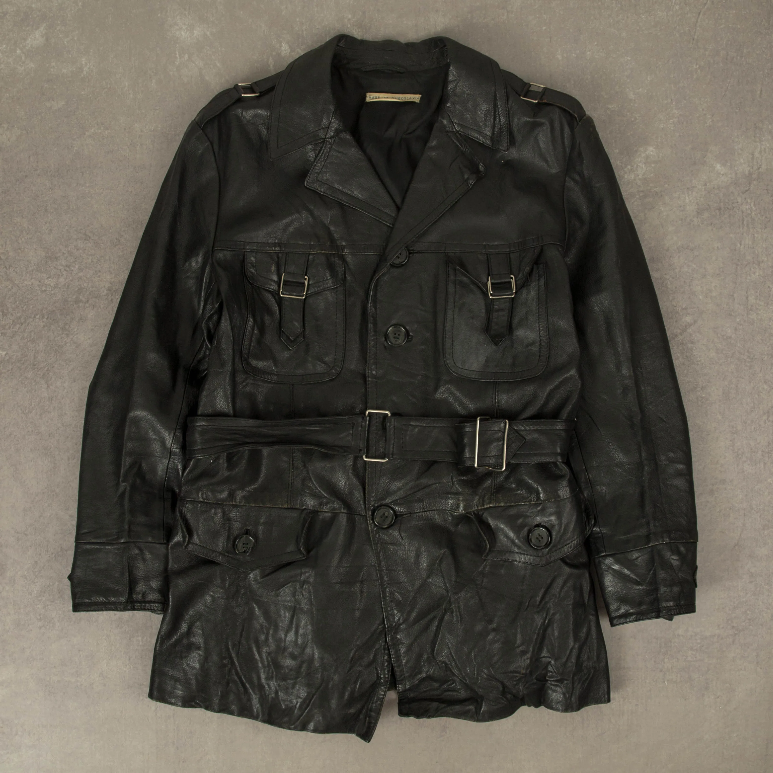 WOMEN'S VINTAGE 1970S TIE FRONT LEATHER TRENCH COAT JACKET - MEDIUM