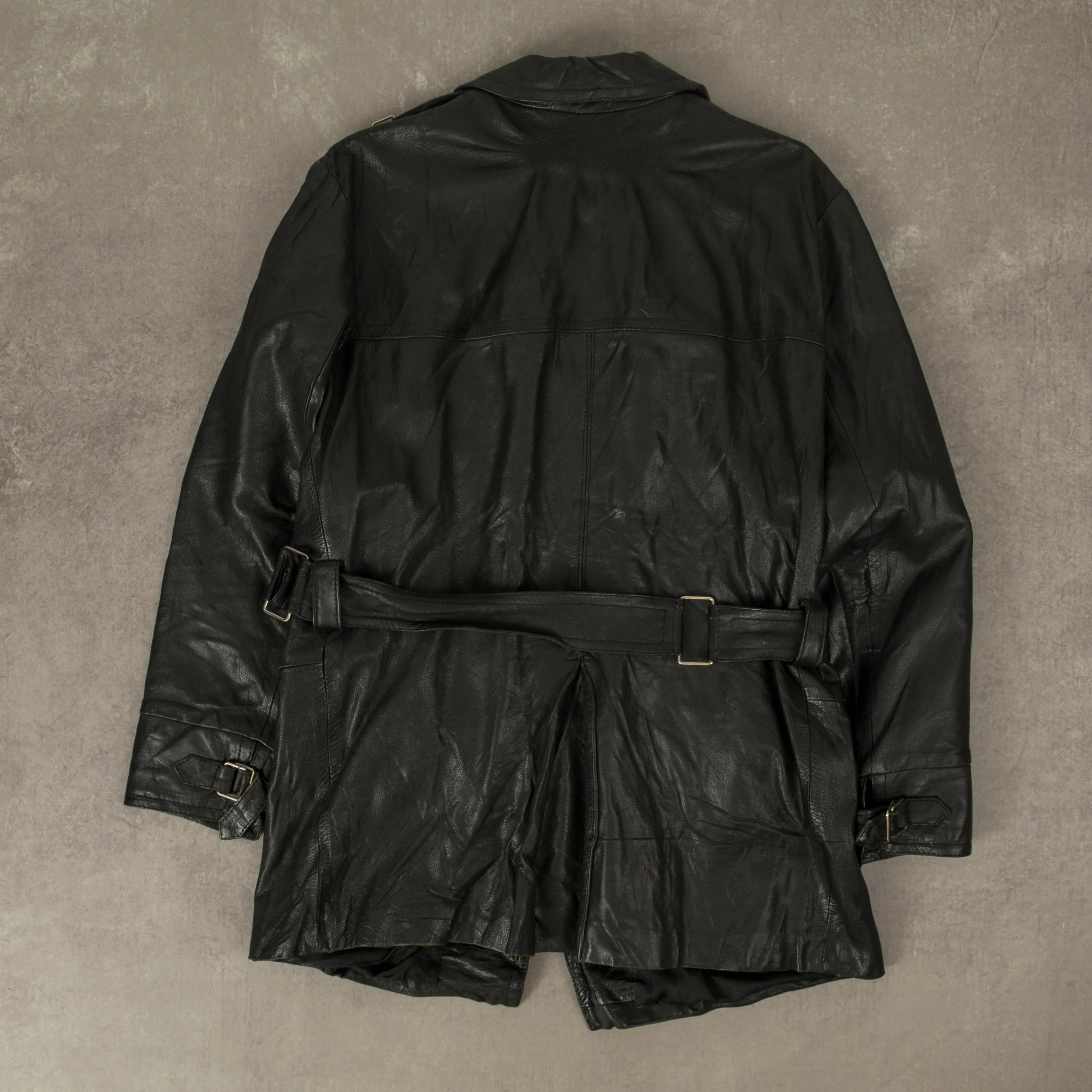 WOMEN'S VINTAGE 1970S TIE FRONT LEATHER TRENCH COAT JACKET - MEDIUM