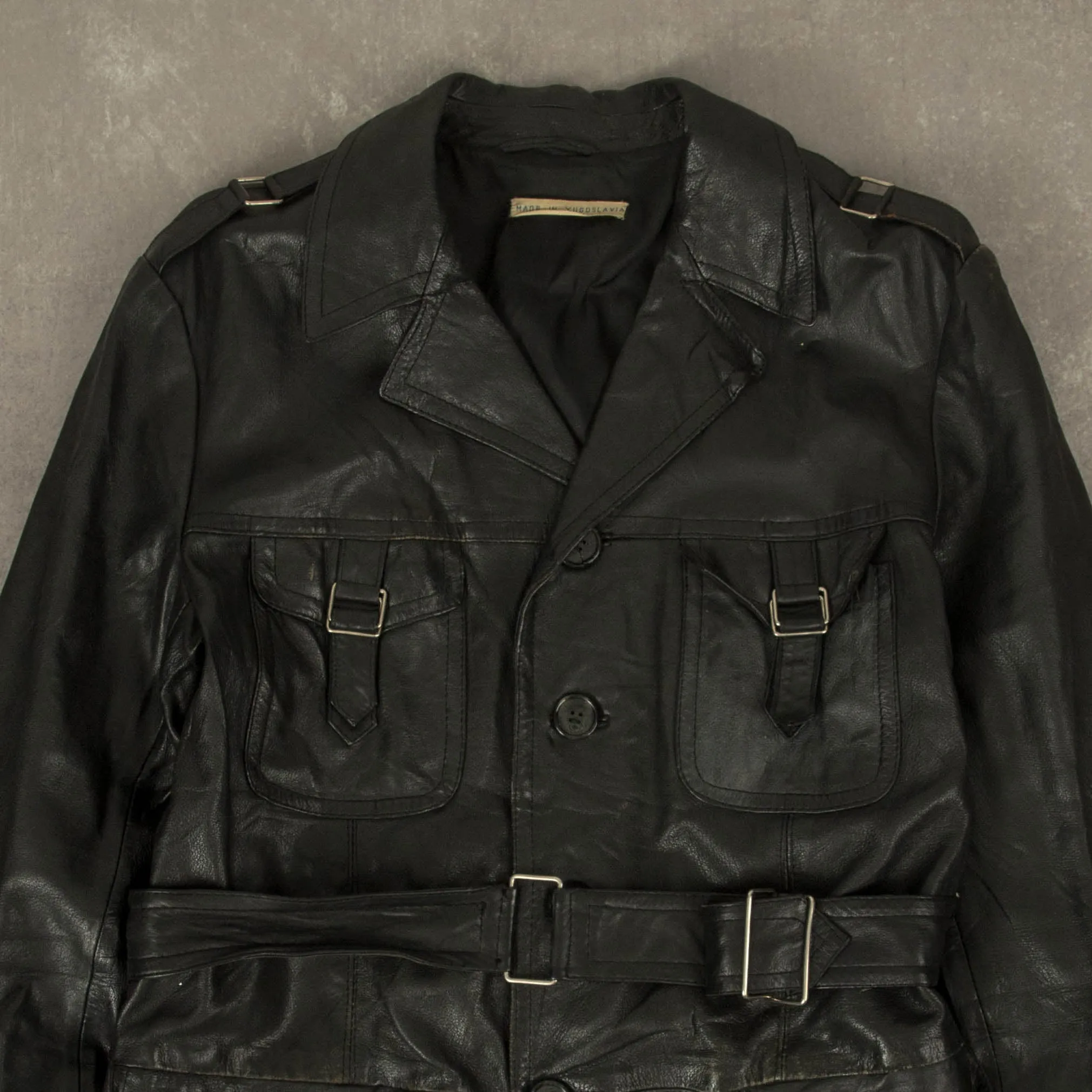 WOMEN'S VINTAGE 1970S TIE FRONT LEATHER TRENCH COAT JACKET - MEDIUM